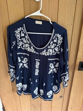 Embroidered Navy Scoop-Neck Peasant Blouse